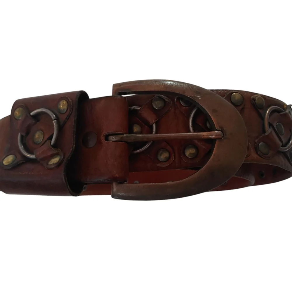 Brown Steerhide Leather Vintage Belt with Metal Accents Brass Buckle